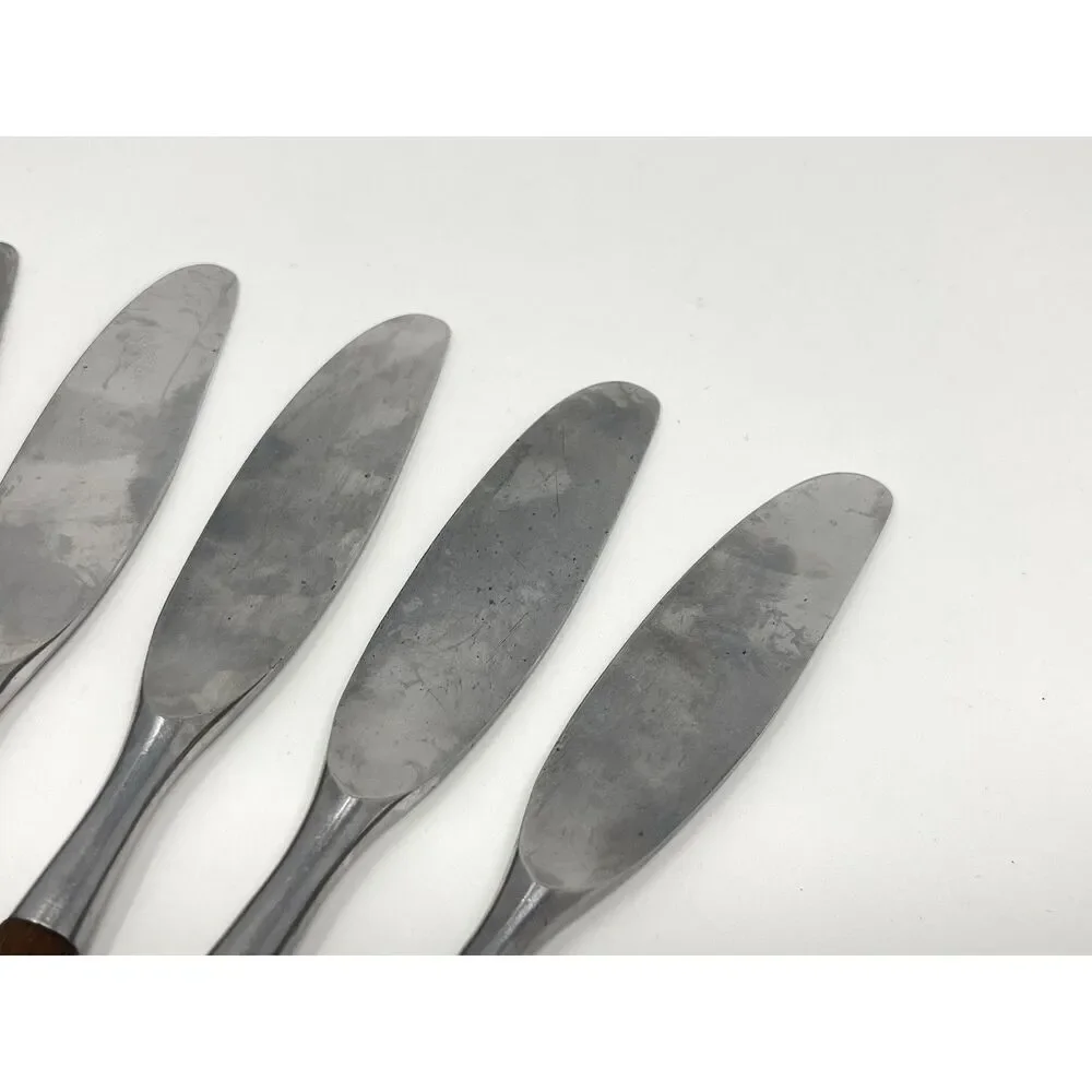 Dansk FJORD Dinner Knives Teak Handle Stainless Steel Germany 8 3/8” Set Of 6